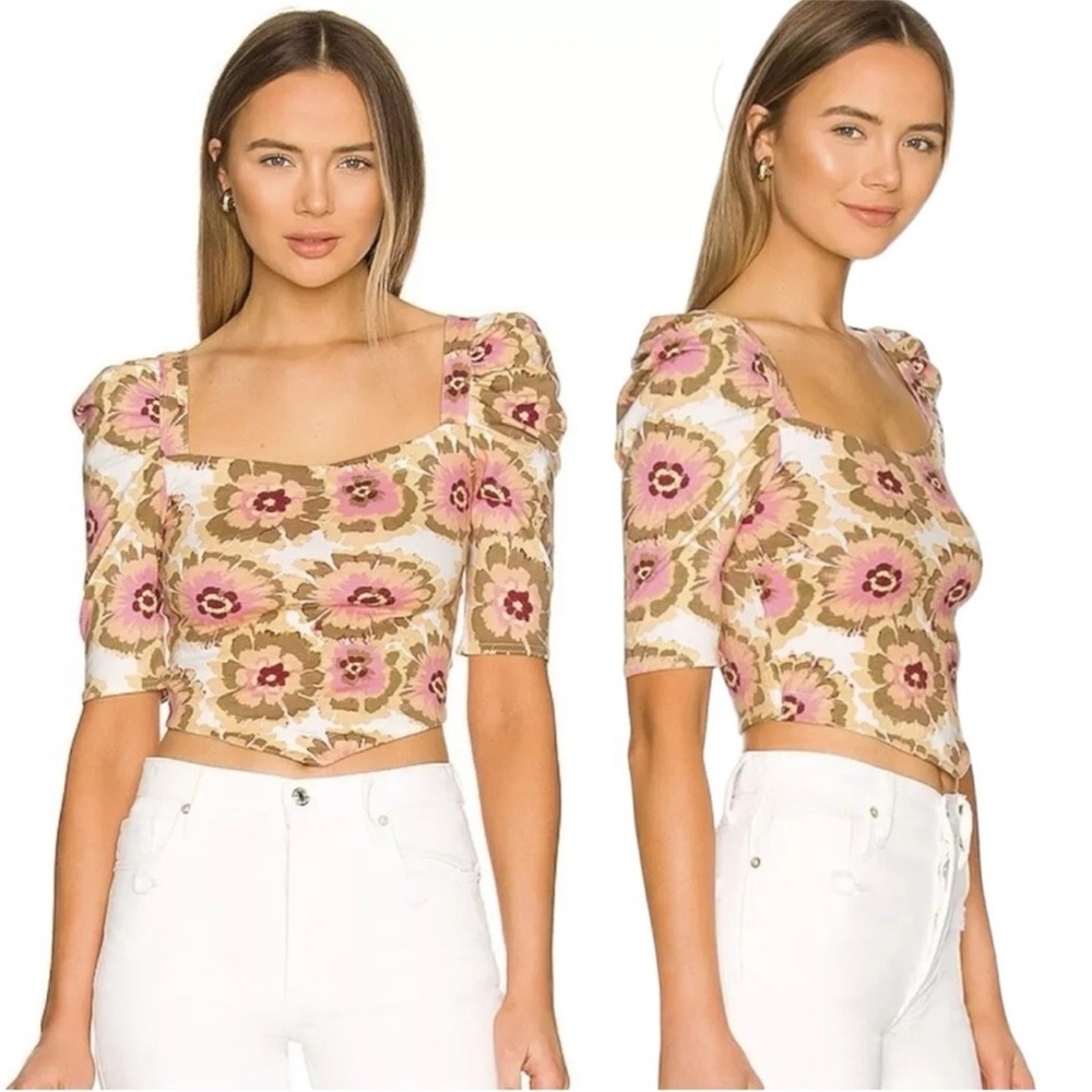 FREE PEOPLE Floral Give Me More Crop Top Puff Sleeve Size Small